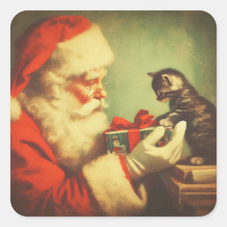 Pegatina Cuadrada Santa Retro con Ilustracion gatito