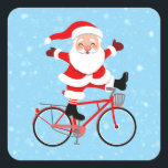 Pegatina Cuadrada Santa rides a Bicycle<br><div class="desc">christmas santa claus man , 
wheel cycle healthy cyclist, 
biking bycicle bicycle ride, 
bike sport colorful father, 
art cheerful fun funny , 
beard smiling hat cute , 
xmas red celebration merry , 
illustration happy holiday, 
cartoon winter , 
man christmas santa claus , </div>