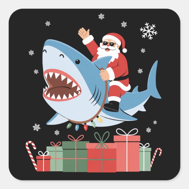 Pegatina Cuadrada Santa Riding Shark Christmas Pajama Cute Ocean  (Anverso)