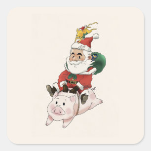Pegatina Cuadrada Santa Riendo Un Cerdo Con Un Ratón Sostenido En La