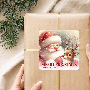 Pegatina Cuadrada Santa Rudolph Nombre Personalizado Regalo Feliz Na