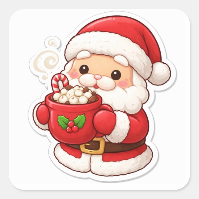 Pegatina Cuadrada “Santa’s Coffee Break” – Cute Christmas Sticker (Anverso)