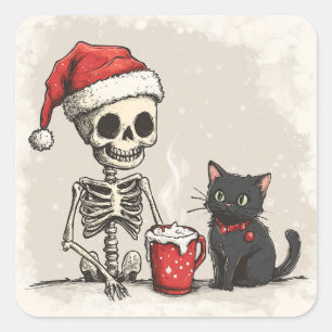 Pegatina Cuadrada Santa Skeleton y Kitten Adorables