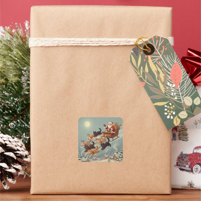 Pegatina Cuadrada Santa Sleigh with Flying Cats Stickers (Vacaciones)