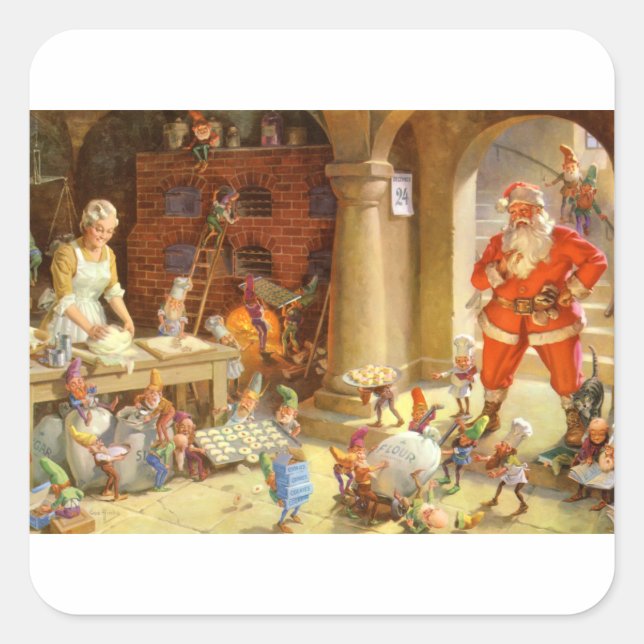 Pegatina Cuadrada Santa, Sra. Claus y Elves Navidades Bake Cookies (Anverso)