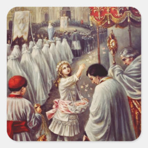 Pegatina Cuadrada Santa Teresa arroja flores al Santísimo Sacramento