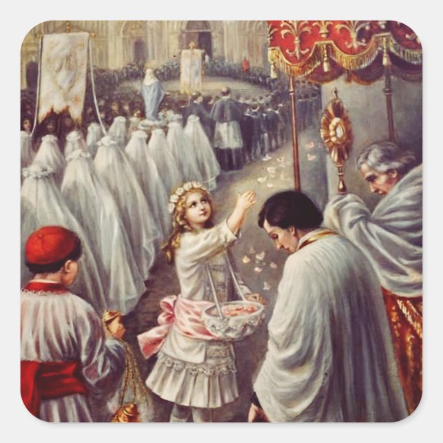 Pegatina Cuadrada Santa Teresa arroja flores al Santísimo Sacramento (Anverso)