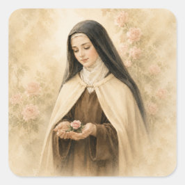 Pegatina Cuadrada Santa Teresa de Lisieux Acuarela Rosa Católica