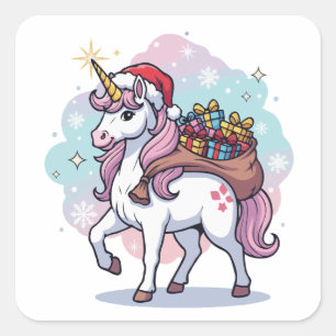 Pegatina Cuadrada Santa Unicornio Mágico de Navidad con Regalos Fies