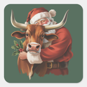 Pegatina Cuadrada Santa Vaquero Navidad Occidental Lazo Vintage