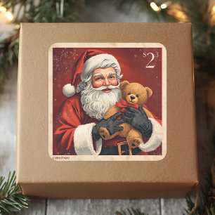 Pegatina Cuadrada Santa Vintage con Oso de Peluche Navidad Franqueo