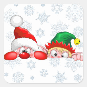 Pegatina Cuadrada Santa y elfo Personajes divertidos y adorables ati