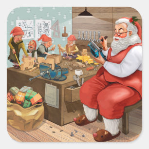 Pegatina Cuadrada Santa Y Elves Haciendo Juguetes   NAVIDADES