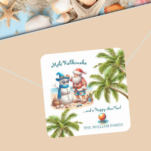 Pegatina Cuadrada Santa y Muñeco de Nieve Mele Kalikimaka Navidad
