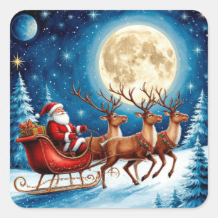 Pegatina Cuadrada Santa Y Reno Bajo Luna De Navidad Llena