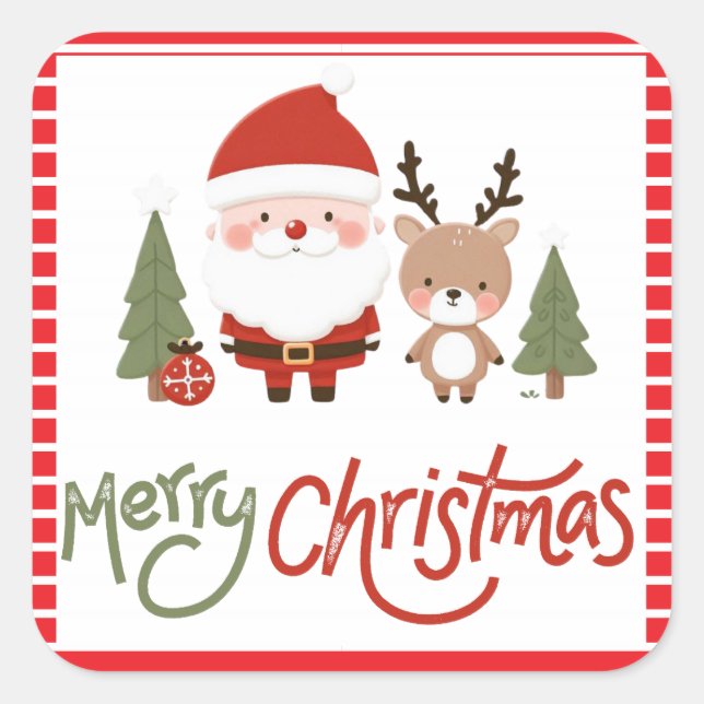 Pegatina Cuadrada Santa y reno Navidades (Anverso)