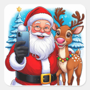 Pegatina Cuadrada Santa y Reno Tomándose Selfie de Navidad