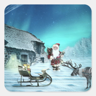 Pegatina Cuadrada Santa y Rudolph con Sled