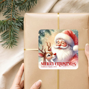 Pegatina Cuadrada Santa y Rudolph Personalizados conmovedores Sticke