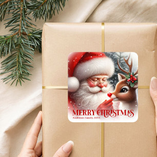 Pegatina Cuadrada Santa y Rudolph personalizados juguetones Navidad