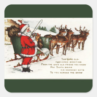 Pegatina Cuadrada Santa y Sleigh con verde reno