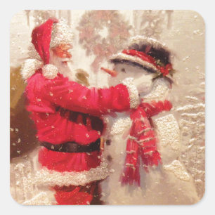 Pegatina Cuadrada Santa y Snowman