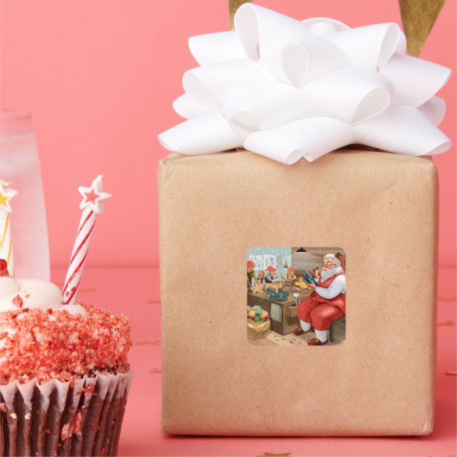 Pegatina Cuadrada Santa y sus elfos en el taller (Fiesta)