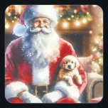 Pegatina Cuadrada Santa y un cachorro | Vintage Christmas<br><div class="desc">Un bonito acuarela estilo ai arte que representa a Santa sosteniendo un cachorro en su regazo en la víspera de los Navidades con vibraciones vintage. Fondo de papel de época con copos de nieve.</div>
