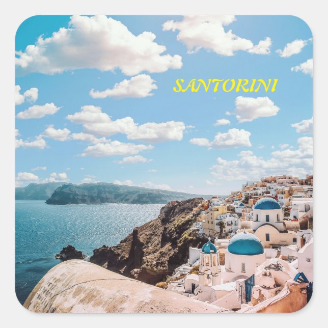 Pegatina Cuadrada Santorini, Grecia Beach House (Anverso)