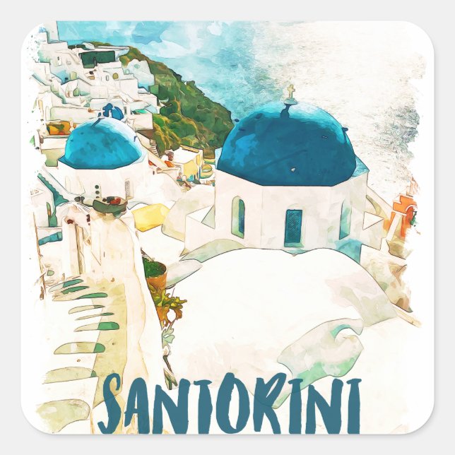 Pegatina Cuadrada Santorini Grecia Poster de acuarela de viajes (Anverso)