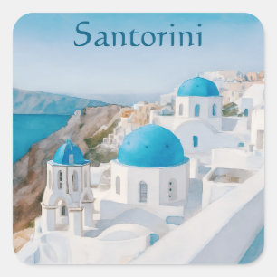 Pegatina Cuadrada Santorini, Grecia pueblo con cúpulas azules