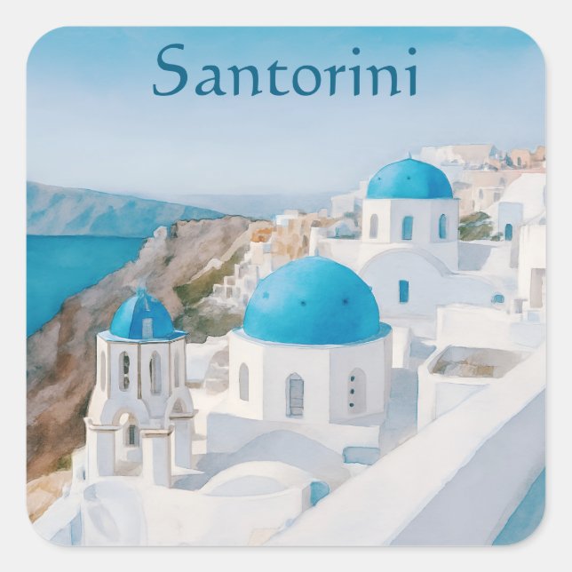 Pegatina Cuadrada Santorini, Greece village with blue domes (Anverso)