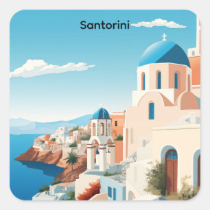 Pegatina Cuadrada Santorini Retro Grecia Mediterráneo Azul y Blanco 