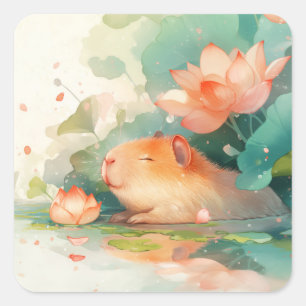 Pegatina Cuadrada Santuario del Loto de Capybara