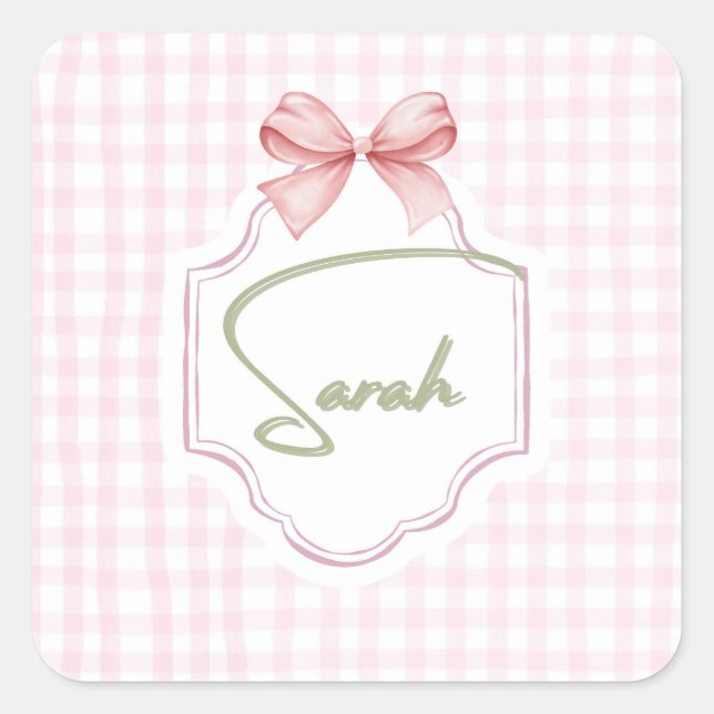 Pegatina Cuadrada Sarah Baby Nursery personalizada Bow&Gingham (Anverso)