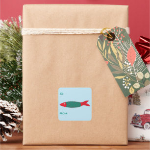 Pegatina Cuadrada Sardinas Rojas y Verdes Regalo de Navidad De Para