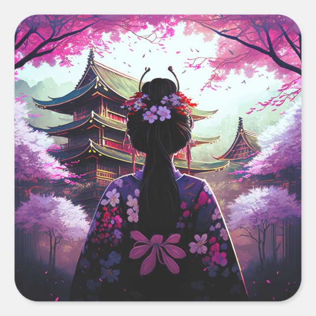 Pegatina Cuadrada Sari Kirschblüten - Aufkleber (Anverso)