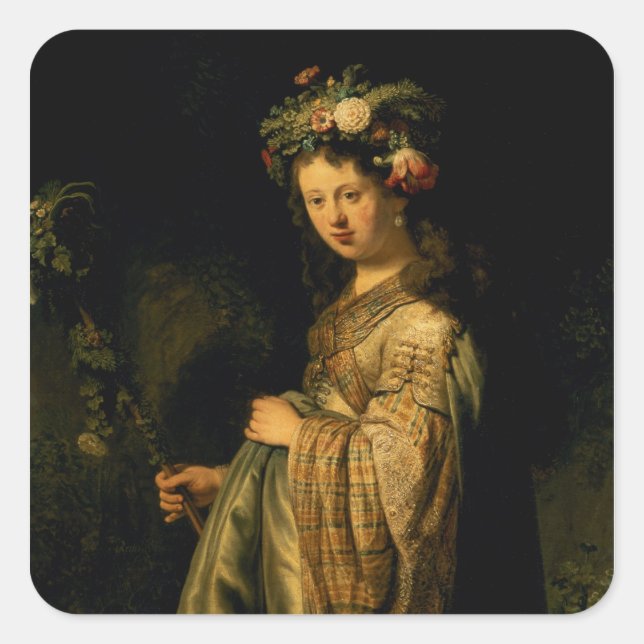 Pegatina Cuadrada Saskia as Flora, 1634 (Anverso)