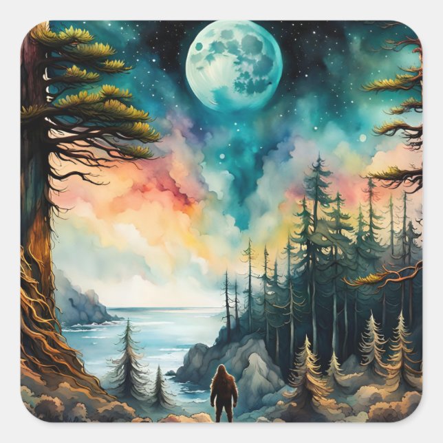 Pegatina Cuadrada Sasquatch de pie sobre una bahía de Ocean (Anverso)