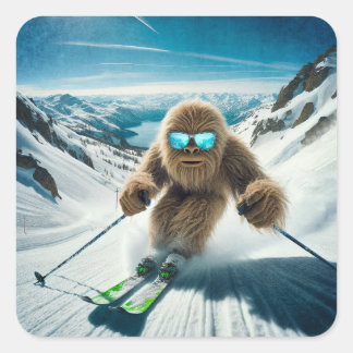 Pegatina Cuadrada Sasquatch el esquiador