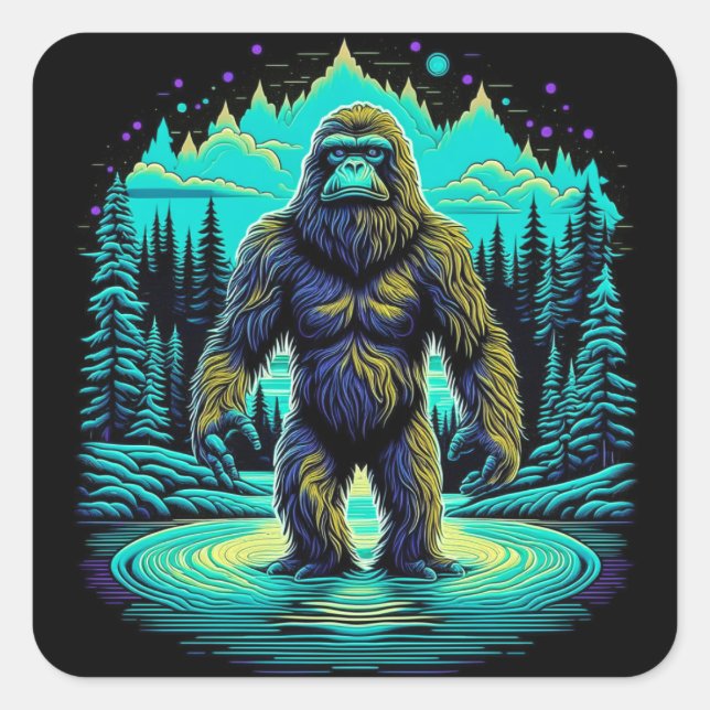 Pegatina Cuadrada Sasquatch en el Woods Ai Art (Anverso)