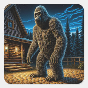 Pegatina Cuadrada Sasquatch frente a Log Cabin en los bosques