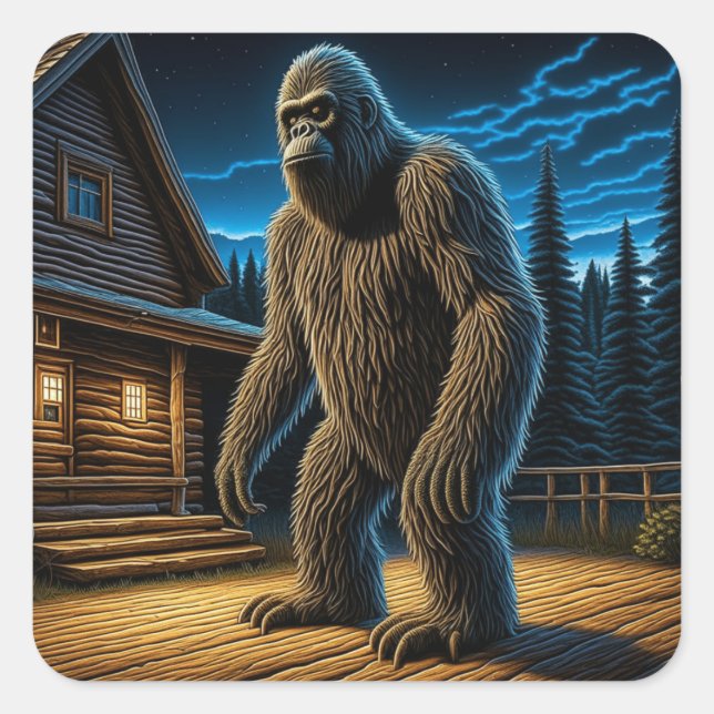 Pegatina Cuadrada Sasquatch frente a Log Cabin en los bosques (Anverso)