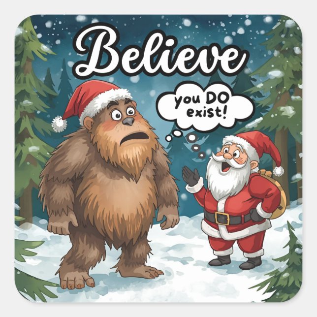 Pegatina Cuadrada Sasquatch Meets Santa I Believe Funny Christmas (Anverso)