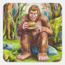 Pegatina Cuadrada Sasquatch y la hamburguesa de queso en un bosque d