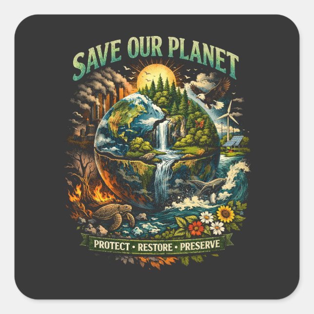 Pegatina Cuadrada Save Our Planet (Anverso)