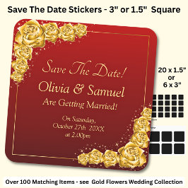 Pegatina Cuadrada Save The Date - Gold Flowers Maroon Red 