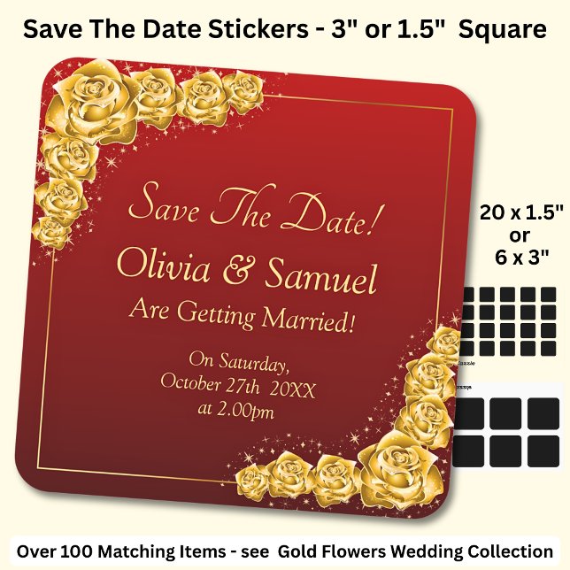 Pegatina Cuadrada Save The Date - Gold Flowers Maroon Red  (Subido por el creador)