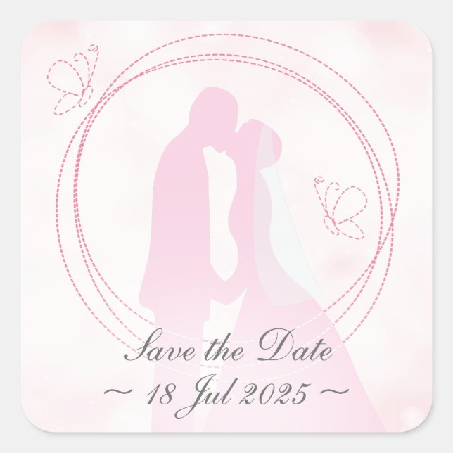 Pegatina Cuadrada "Save the Date" Romántico Boda Pareja (Anverso)