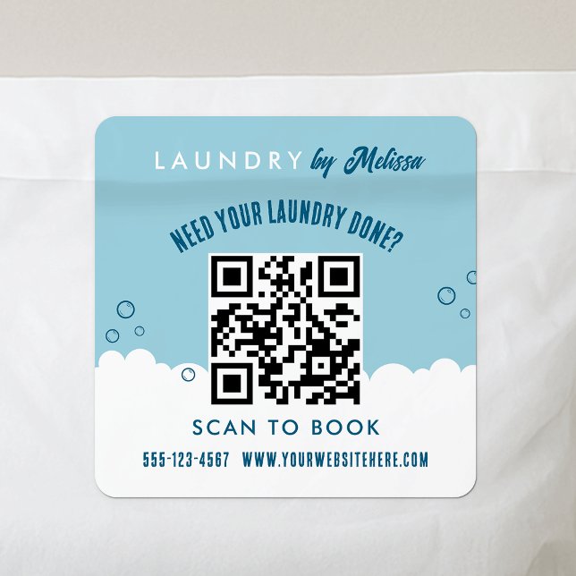 Pegatina Cuadrada Scan To Book Laundry Service Blue & White QR Code (Modern laundry service marketing stickers with scannable QR code)